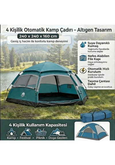 Ergonomik Suya Dayanıklı 4 Kişilik Hızlı Kurulumlu Kamp Çadırı Çok Renkli