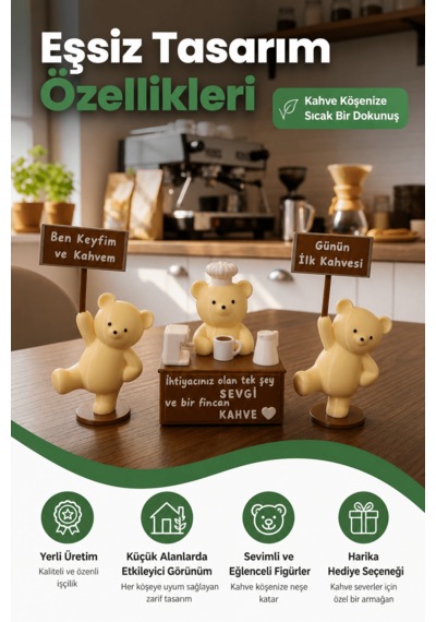 Barista Ayıcık Ve Tabelalı Kahve Dostları 3 Lü Set - Şef Şapkalı Dekoratif Kahve Köşesi Biblo 8