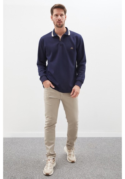 Fullamoda Nakışlı Yarım Düğmeli Polo Yaka Modal Sweatshirt Lacivert