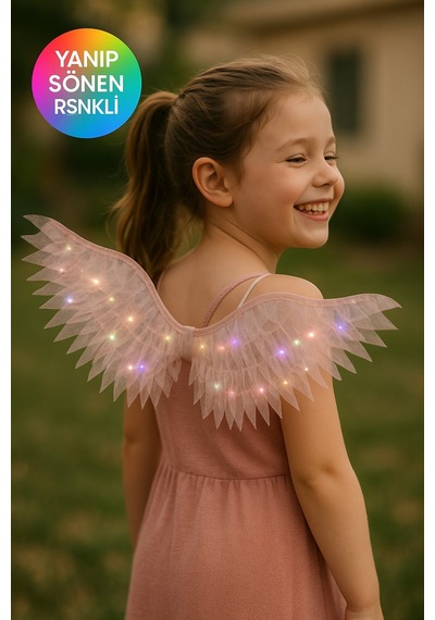 Rose Renk Işıklı Melek Kanadı Çocuk Kostüm Aksesuarı Şeffaf Parlak Işıltılı Kanat - 3 - 7 Yaş