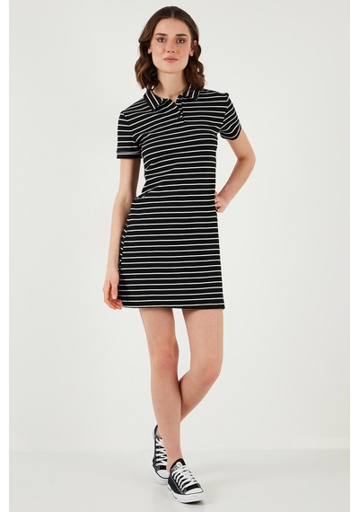 Lela Çizgili Slim Fit Mini Boy Düğmeli Polo Yaka Kısa Kollu Bayan Elbise 5866151 Siyah-Beyaz