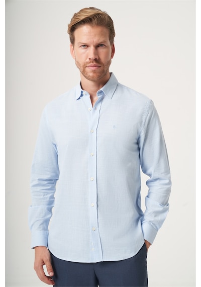 İmza Mavi Biritli Yaka Uzun Kol Cepsiz Slim Fit Pamuklu Gömlek 1004260207 Koyu Mavi