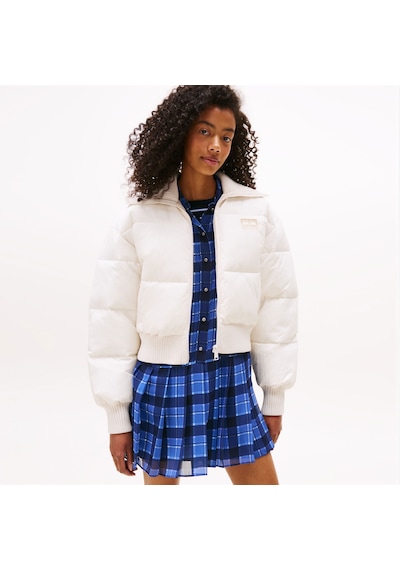 Tommy Hilfiger Crop Ribbed Detail Puffer Kadın Beyaz Mont Dw0dw21659 Beyaz
