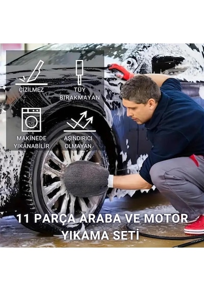 Polham Profesyonel 11 Parça Mikrofiber Araç Oto Yıkama Seti Araç Fırçası Araç Mikrofiber Bez Seti