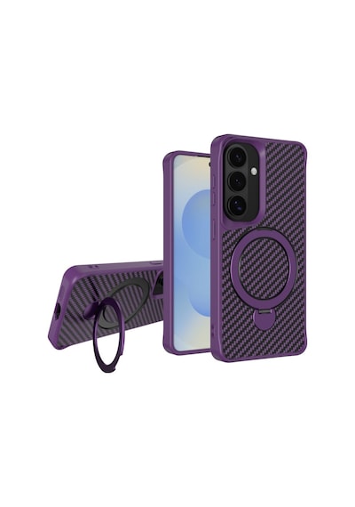 Teleplus Samsung Galaxy Uyumlu  S26 Plus Kılıf Karbon Fiber Magsafeli 360 Dönerli Standlı Alp Kapak Mor