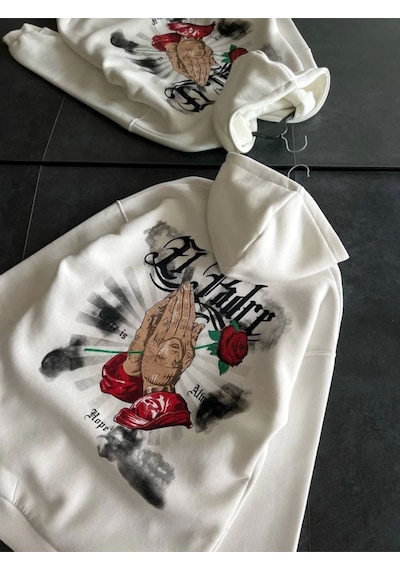 Üç İplik Penye Uzun Kol Kapşonlu Baskılı Sweatshirt - Beyaz