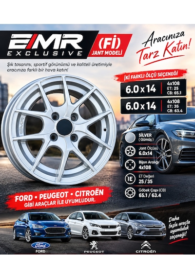 4x108 14 İnç Bbs Fi Jant Modeli Et:25 Cb:65.1 Silver Peugeot Citroën Ford Uyumlu Jant Bir Takım 4 Adet