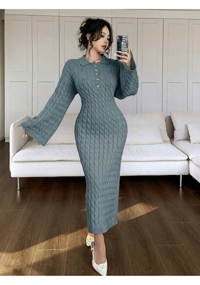 Sayzen Your Shine Gömlek Yaka Düğmeli Saç Örgülü Triko Elbise Sy-2515 Nardo Gri