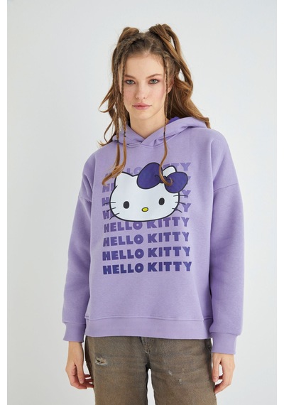 Hello Kitty Lisanslı Baskılı Kapüşonlu Oversize Sweatshirt Çok Renkli