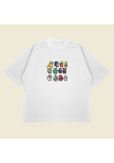 Startmore Among Us Baskılı Oversize Unisex Pamuklu Nefes Alan Kalın Kumaşlı Beyaz