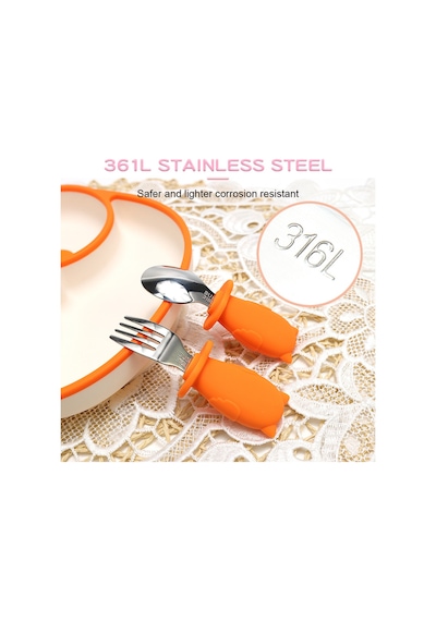 Turuncu Baykuş Figürlü Premium Çocuk Bpa Free Silikon Sap Paslanmaz Çelik Uçlu Çatal-kaşık Set 9+ Ay