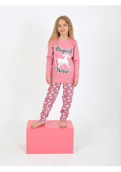 Kız Çocuk Uzun Kollu %100 Pamuklu Pijama Takımı Magical Horse Gül Kurusu