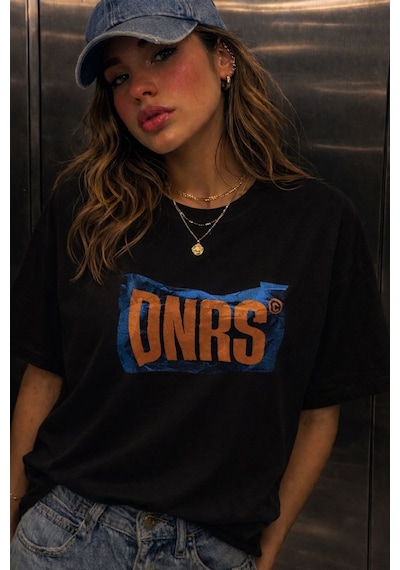 Yolo Street Onrs Baskılı Oversize Beyaz Tişört Kadın Streetwear T-shirt Siyah