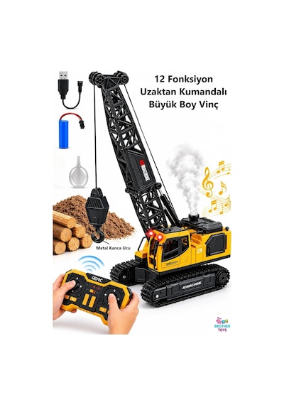 Dev Boy 40 Cm. Duman Çıkaran 12 Kanal 680 Derece Dönebilen Oyuncak Kepçe Metal Uzaktan Kumandalı Şarjlı Dozer Vinç