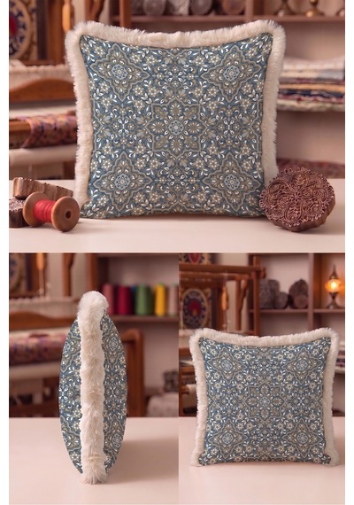 Çini Desen Otantik Arabesk Saçaklı Yastık Kılıfı - Boho Mavi Vizon Krem Püsküllü Kırlent Kılıfı Puslu Kanyon Lime