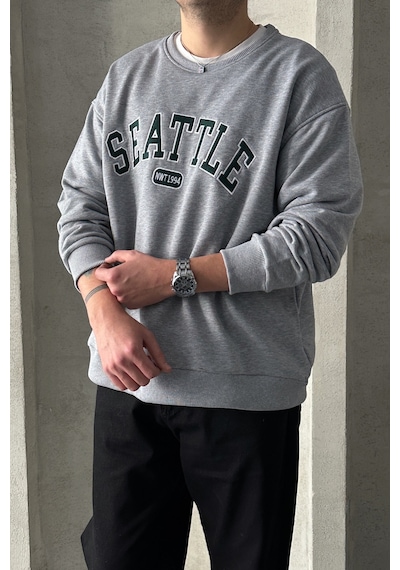 Erkek Seattle Baskılı Oversize Sweatshirt Grimelanj