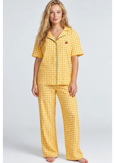 Siyah İnci Düğmeli Biyeli İnce Soft Örme Pijama Takımı 8001 Sarı Ekose