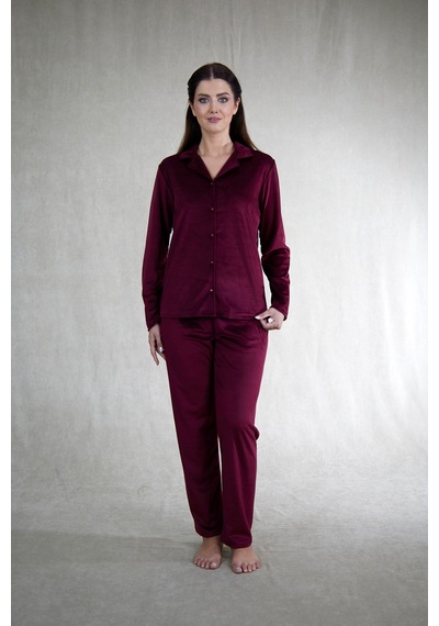 Estiva Kadın Önden Düğmeli Kadife Pijama Takımı Bordo