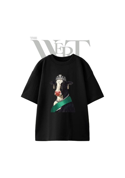 Thewert Queen Cow Tasarım Baskılı Ünisex Siyah Oversize T-shirt