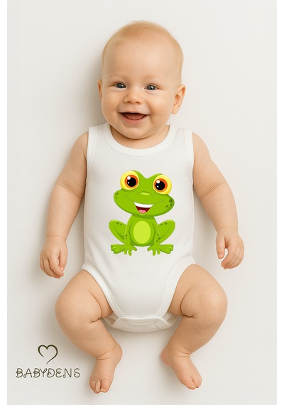 Babyden's %100 Pamuklu Hayvan Figürlü Kolsuz Çıtçıtlı Bebek Body Yazlık Unisex Zıbın Kurbağa Beyaz