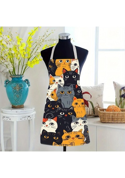 Valkyrie Kedi Desenli Mutfak Önlüğü Cepli Ayarlanabilir Askılı Unisex Mutfak Pişirme Servis Temizlik Önlüğü Siyah