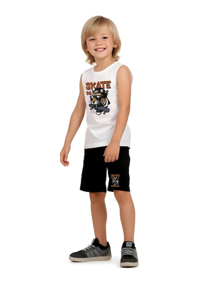 Fyk Kids Erkek Çocuk Baskılı Sıfır Kol Skate Crunch Alt-üst Takım Beyaz