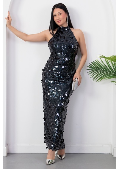 Kalopya Halter Yaka Büyük Pullu Elbise Abiye Ecr6094 Lacivert
