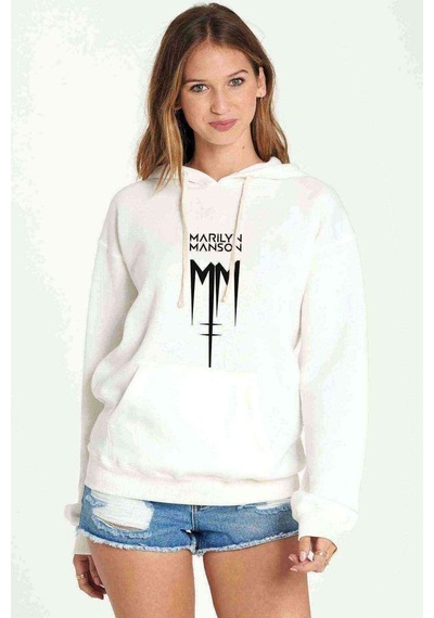 Marilyn Manson Mm Baskılı Beyaz Kadın Kapşonlu Sweatshirt