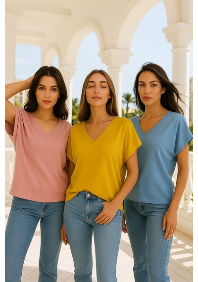 Kadın 3'lü Paket Pembe-mavi-hardal Viskon Ön Arka V Yakalı T-shirt Yarasa Kol Relaxed Bluz Çok Renkli