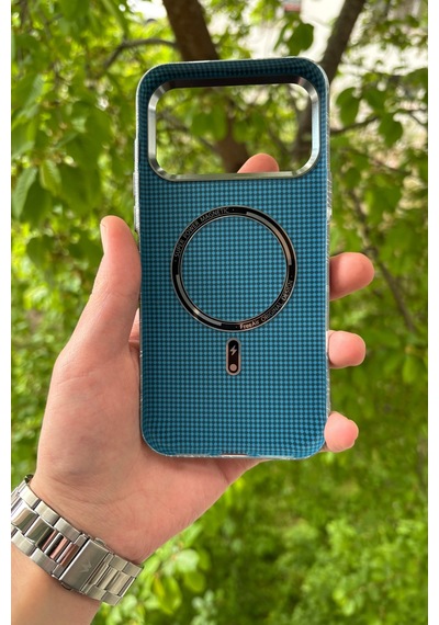 Apple iPhone Uyumlu 17 Pro Deniz Dalgası Desenli Soft Dokulu Karbon Fiber Magsafe Kılıf Gri