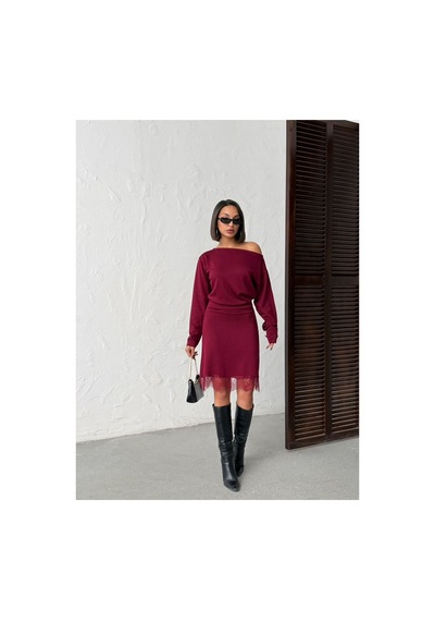 Meecy Kayık Yaka Uzun Kollu Etek Ucu Dantelli Mini Elbise Bordo Bordo