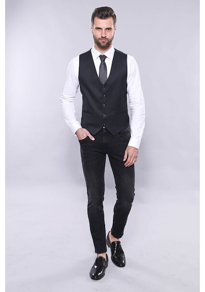 Düz Koyu Lacivert Slim Fit Ceket Yelek Set Wessi 001