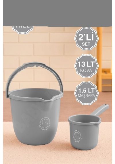 Çocuklar İçin 2'li Banyo Seti Kulplu Kova & Oluklu Maşrapa Set Gri