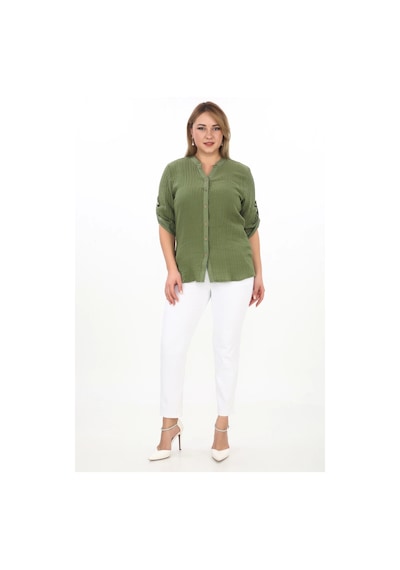 Lady Majestic %100 Cotton Hakim Yaka Büyük Beden Kadın Müslim Kumaş Gömlek Haki