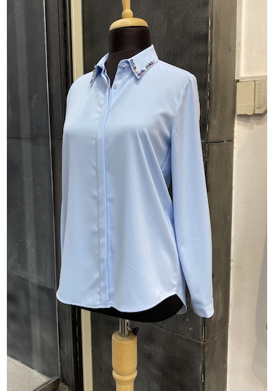 Pera Moda Yakası Taşlı Basic İç Göstermeyen Şık Gömlek Bebe Mavisi