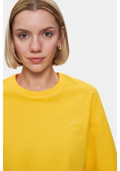 Indıana Sarı Bisiklet Yaka Crop Baskılı Loose Fit Kadın Tshirt Sarı