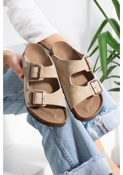 Stwenn Çift Tokalı Ortopedik Taban Terlik Unisex Günlük Rahat Kaymaz Taban Yazlık Sandalet Bej