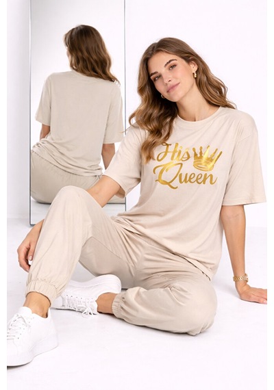 King Queen Sevgili Kombini Oversize Çift Tişört Unisex Partner Ko Bej