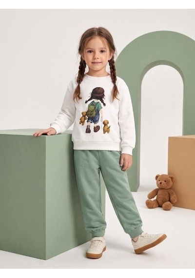 Zekids Kız Çocuk Ekru Baskılı Sweatshirt Ve Yeşil Jogger Eşofman Takımı-17434 Beyaz