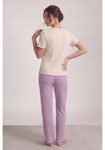 Bella Notte Lila Mevsimlik V Yaka Pamuklu Fiyonk Detaylı Pijama Takımı Mor