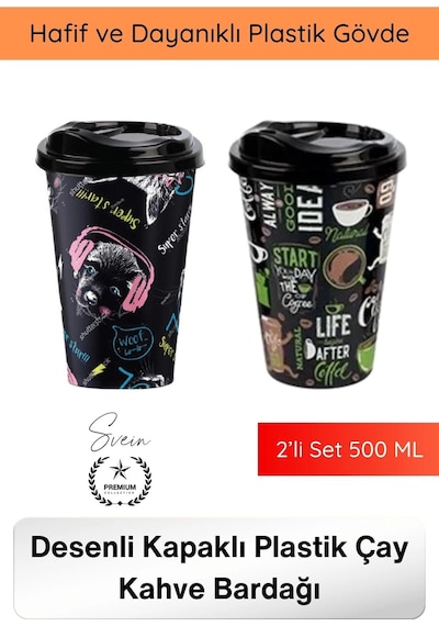 Bardak Renkli Desenli Kapaklı Plastik Çay Kahve Bardağı 2 Li Set 500 Ml Taşınabilir İçecek Kupası S Diğer