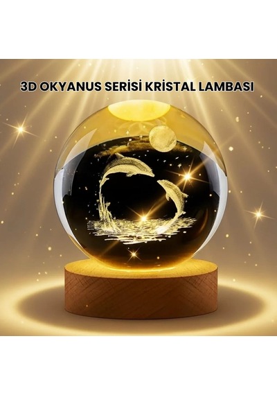 Home Lazer İşlemeli Yunus Kristal Küre Sıcak Işıklı Ahşap Standlı