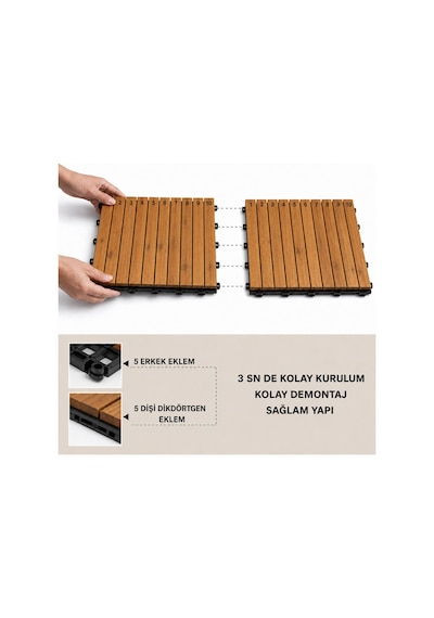 Sand 50x50 Akasya Ahşap Deck Yer Döşemesi - Islak Zemin Uyumlu Geçmeli Bahçe Balkon Teras Duş Karosu