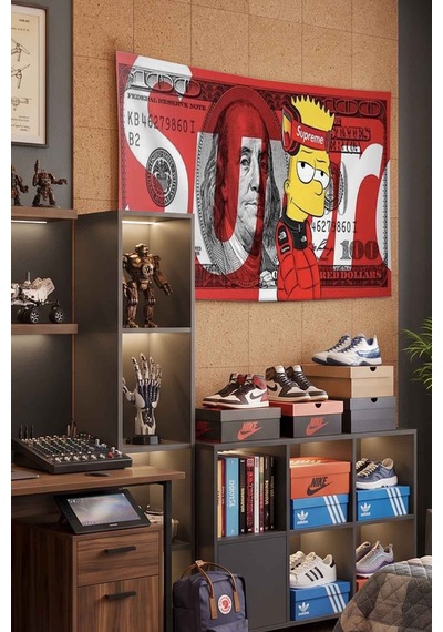 Bart Simpson Supreme 100 Dolar Kırmızı Dekoratif Duvar Örtüsü Duvar Halısı Beyaz