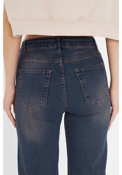 Kutaf Lacivert Wide Leg Yüksek Bel Uzun Jean Yıkamalı Pantolon Lacivert