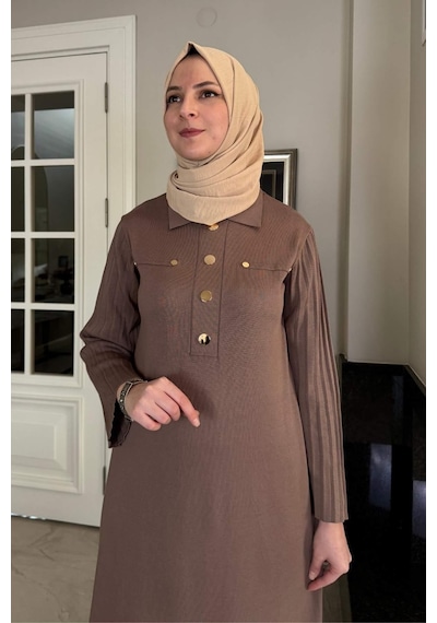 Rabia Şamlı Beste Triko Elbise Sütlü Kahve Normal