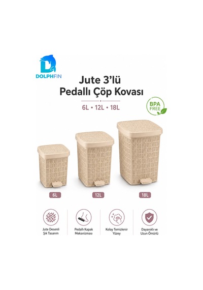 Jute 3 Lü Pedallı Çöp Kovası Seti 6 L + 12 L + 18 L Bej