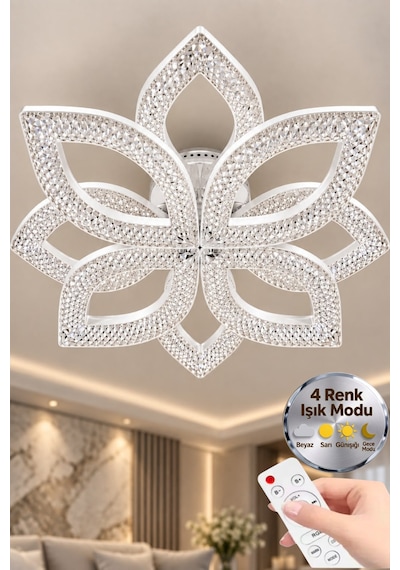 Yonca Model Beyaz Kumandalı 8"li Ledli 3 Renk Modu Kristal Salon Mutfak Yatak Çocuk Odası Avize