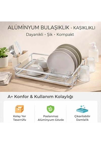 Alüminyum Bulaşıklık Kaşıklıklı Paslanmaz Gövde, Bardak Askılı, Damlalıklı Tezgah Üstü Bulaşık Beyaz