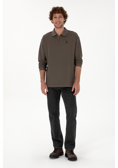 U.S. Polo Assn. Erkek Comfort Fit Yarım Fermuarlı Vizon Sweatshirt 50313754-VR052
